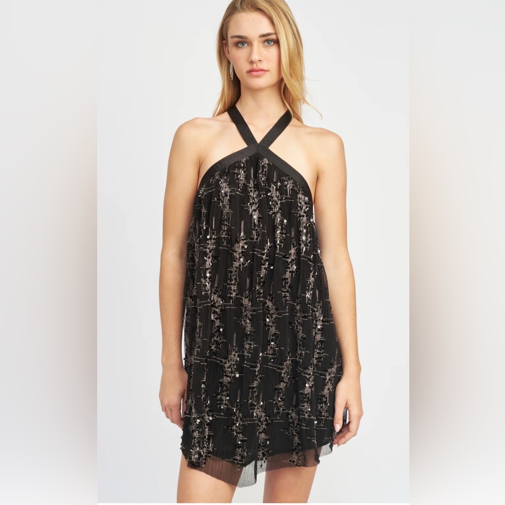 En Saison Black and Silver Sequin Halter Sundress